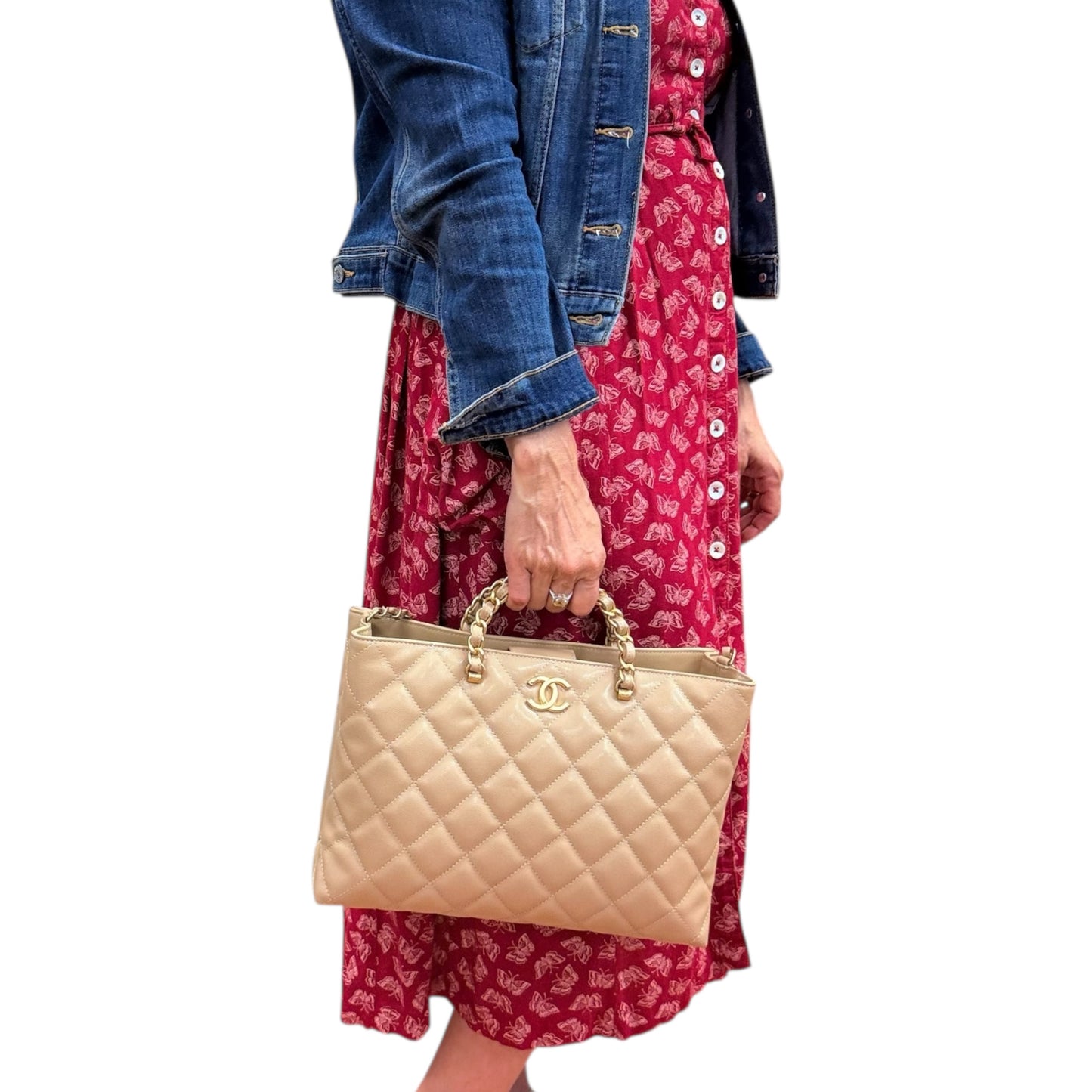 RARE 24S Coco Shiny Caviar Quilted Chain Top Handle Shopping Bag Luxury Designer By Chanel, Size: Medium