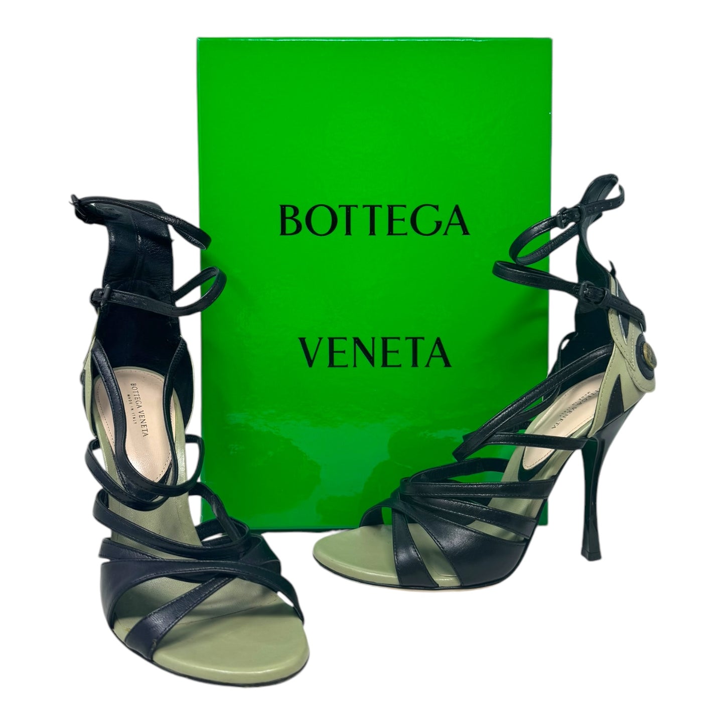 Limited Edition Butterfly Leather Strappy Open Toe Stiletto Sandals Luxury Designer By Bottega Veneta In Black & Olive, Size: 6.5