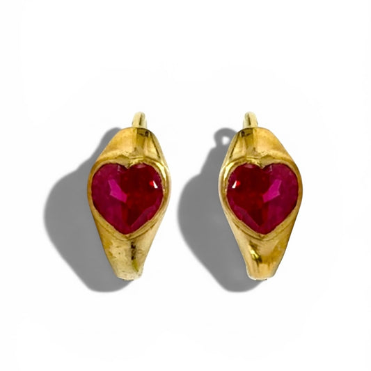 India Gold Over Sterling Silver & Faceted Ruby Heart Huggie Hoop Earrings