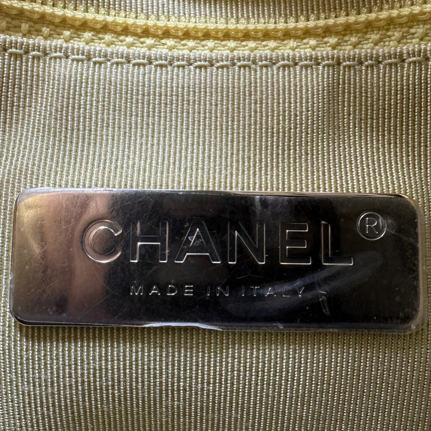 Limited Edition CC Lock Chain Handle Bucket Tote In Light Yellow Soft Quilted Lambskin Luxury Designer By Chanel, Size: Medium
