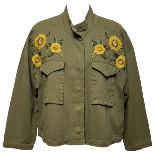 Sunflower Embroidered Utility Jacket By Mango In Green, Size: XS