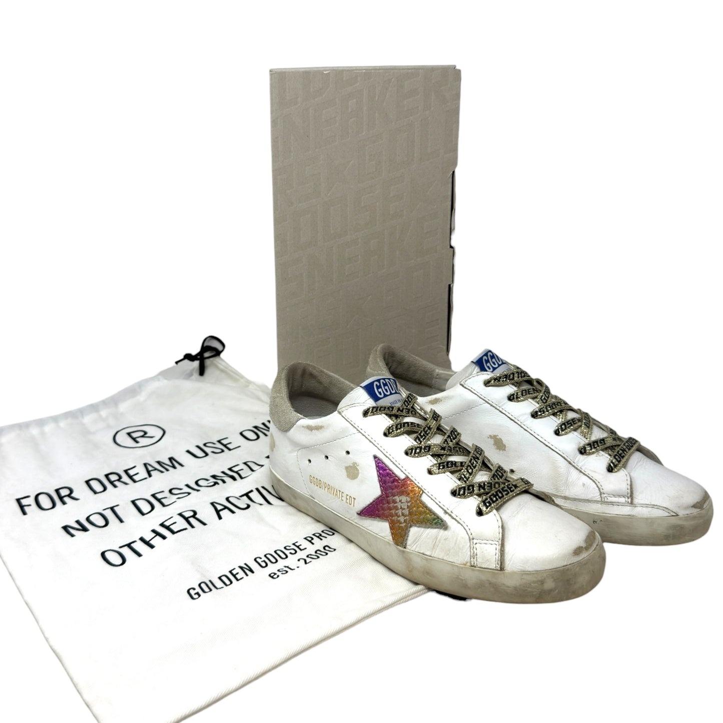 Superstar Sneakers In White Leather Rainbow Luxury Designer By Golden Goose In White, Size: 7 (37)