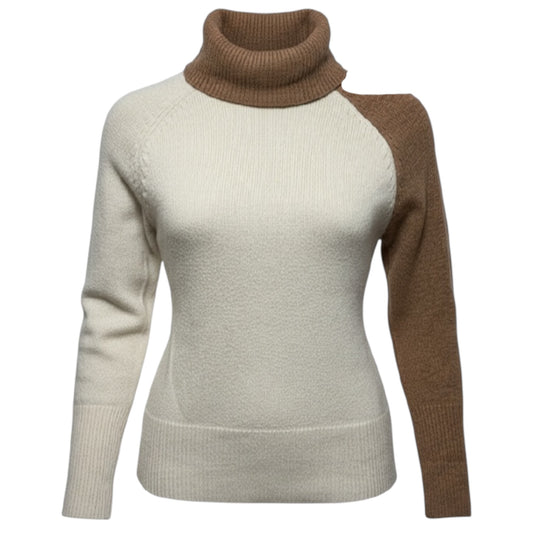 Cutout Wool BlendTurtleneck Sweater By Central Park West In Cream & Tan, Size: M