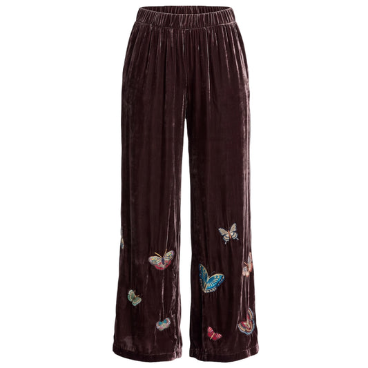 Luciana Seamed Butterfly Embroidered Velvet Wide Leg Pants Designer By Johnny Was In Coffee Bean, Size: XXL