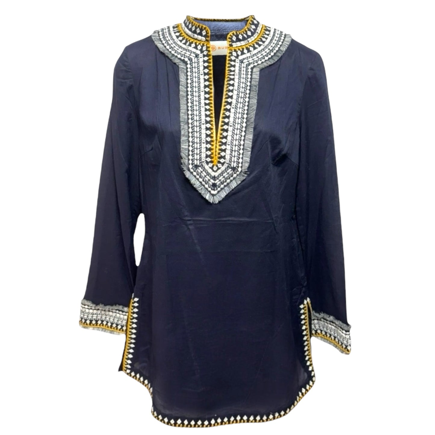 Embroidered Fringe Collar Tunic Designer By Tory Burch In Navy, Size: 4