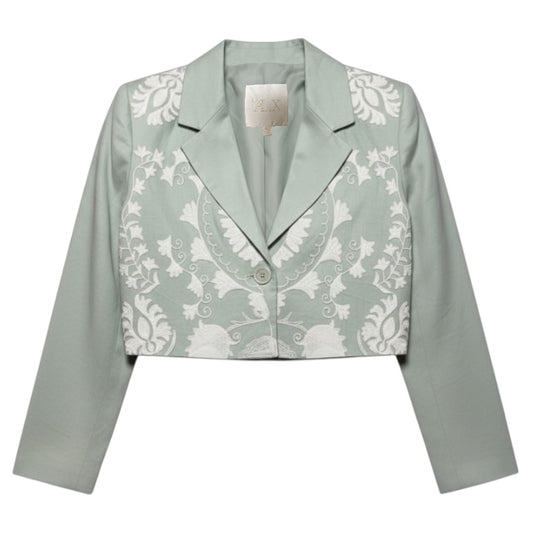 Embroidered Linen Notch Lapel Long Sleeve Button Front Cropped Coordinating Blazer By Le AL.X In Green, Size: XL