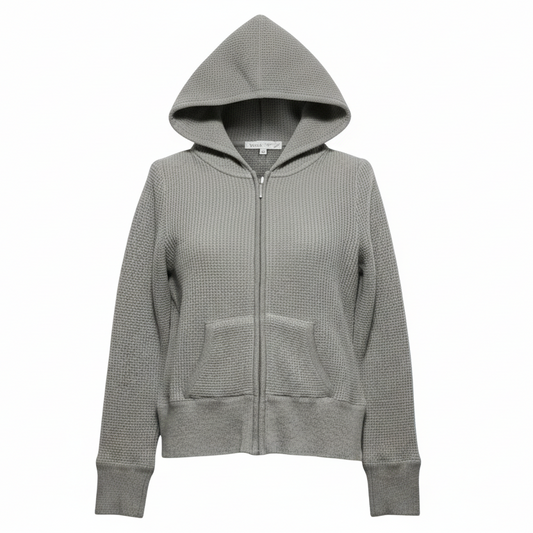 Waffle Knit Zip Front Hooded Cardigan Sweater By Vince In Grey, Size: L