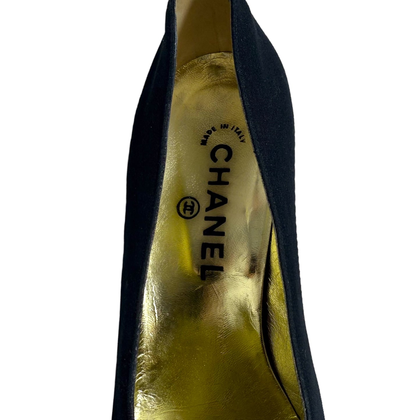 Satin Woven Pumps Luxury Designer By Chanel In Black, Size: US 8/ FR 39