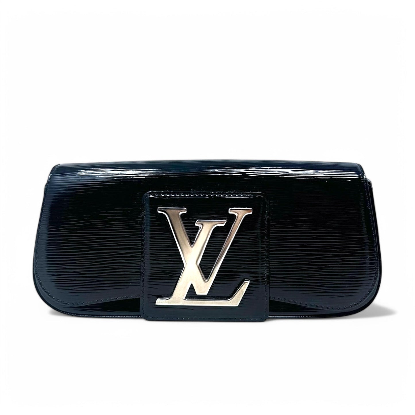 Epi Electric Sobe Clutch Pochette Luxury Designer By Louis Vuitton In Black Embossed Patent Leather, Size: Large