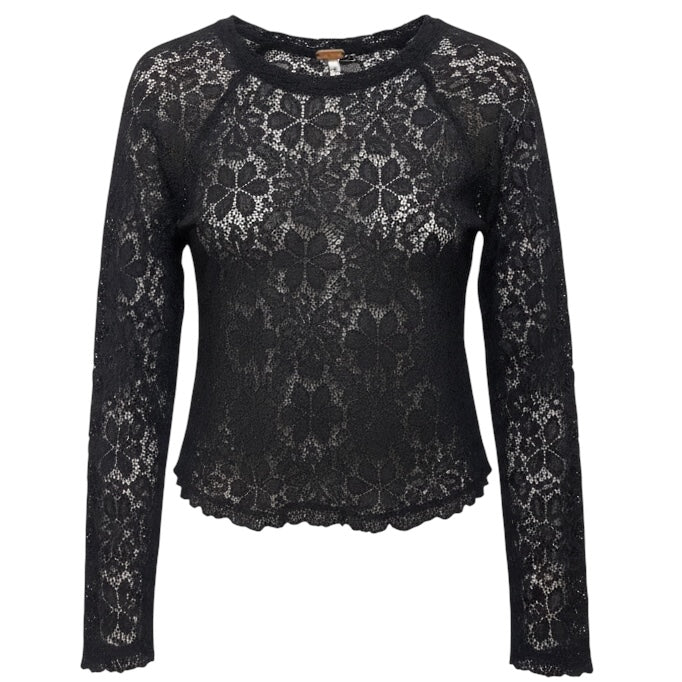 In The Meadow Long-Sleeve Crewneck Lace Top By Free People In Black, Size: M