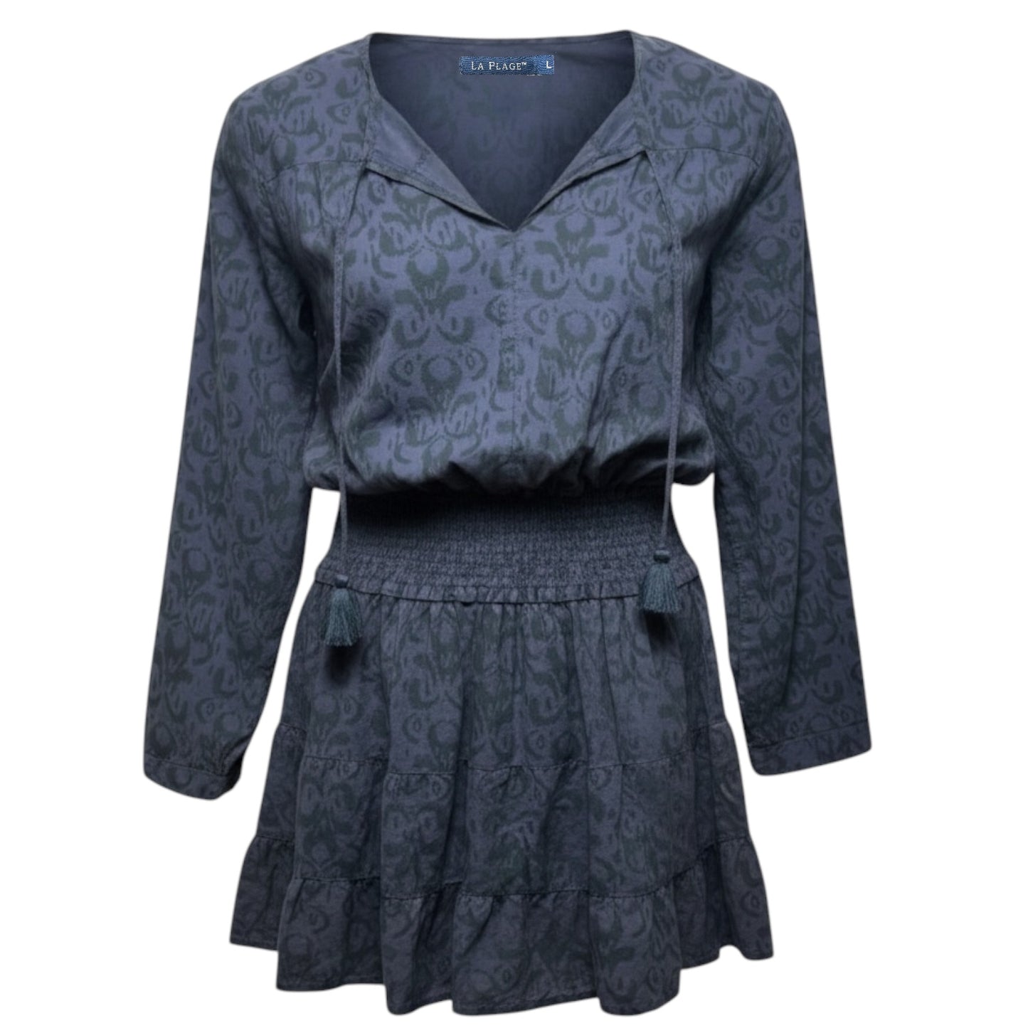 Long Sleeve Smocked Waist Mini Dress By La Plage In Purple, Size: L