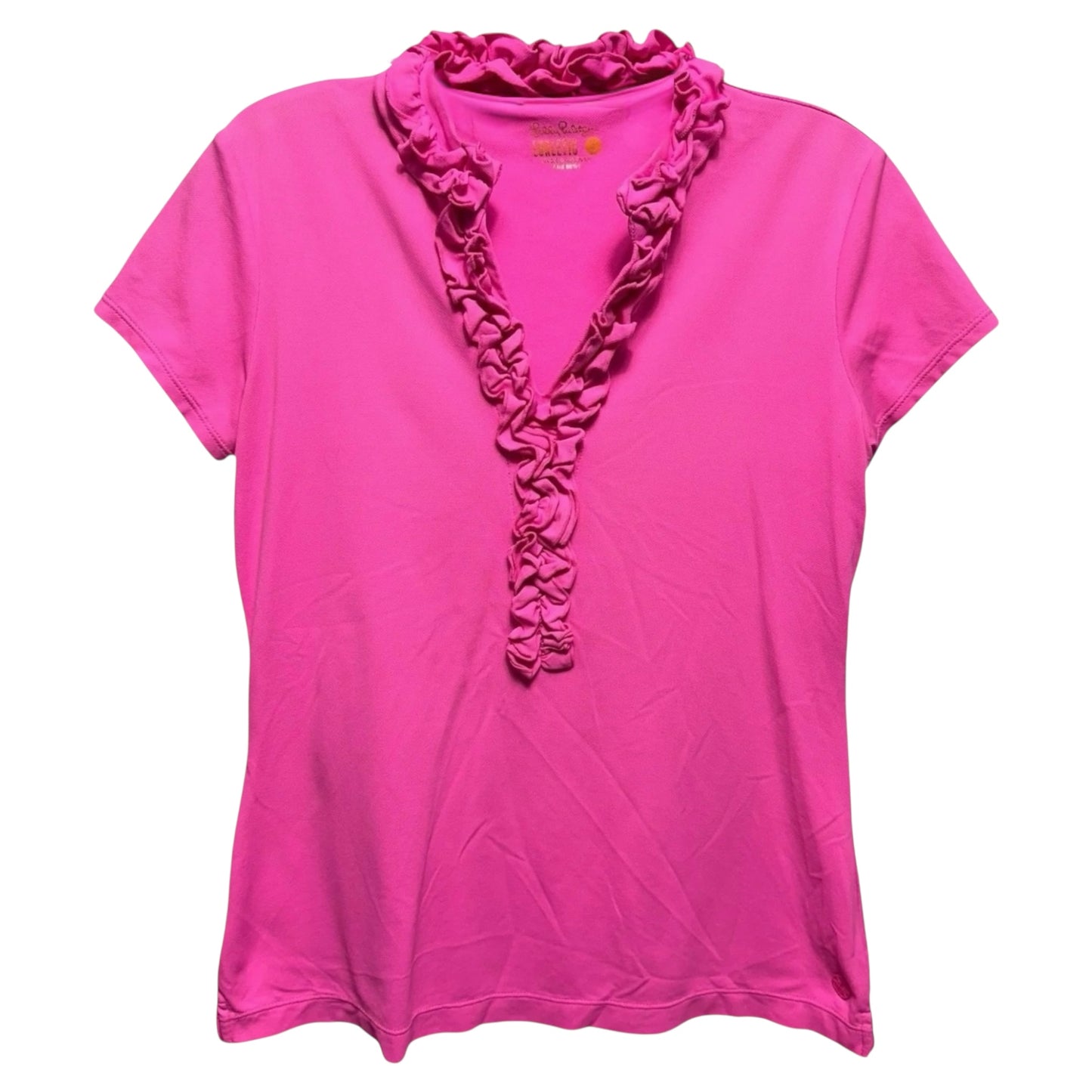 UPF 50+ Luxletic Frida Ruffle Polo Top Designer By Lilly Pulitzer In Pink Isle, Size: S