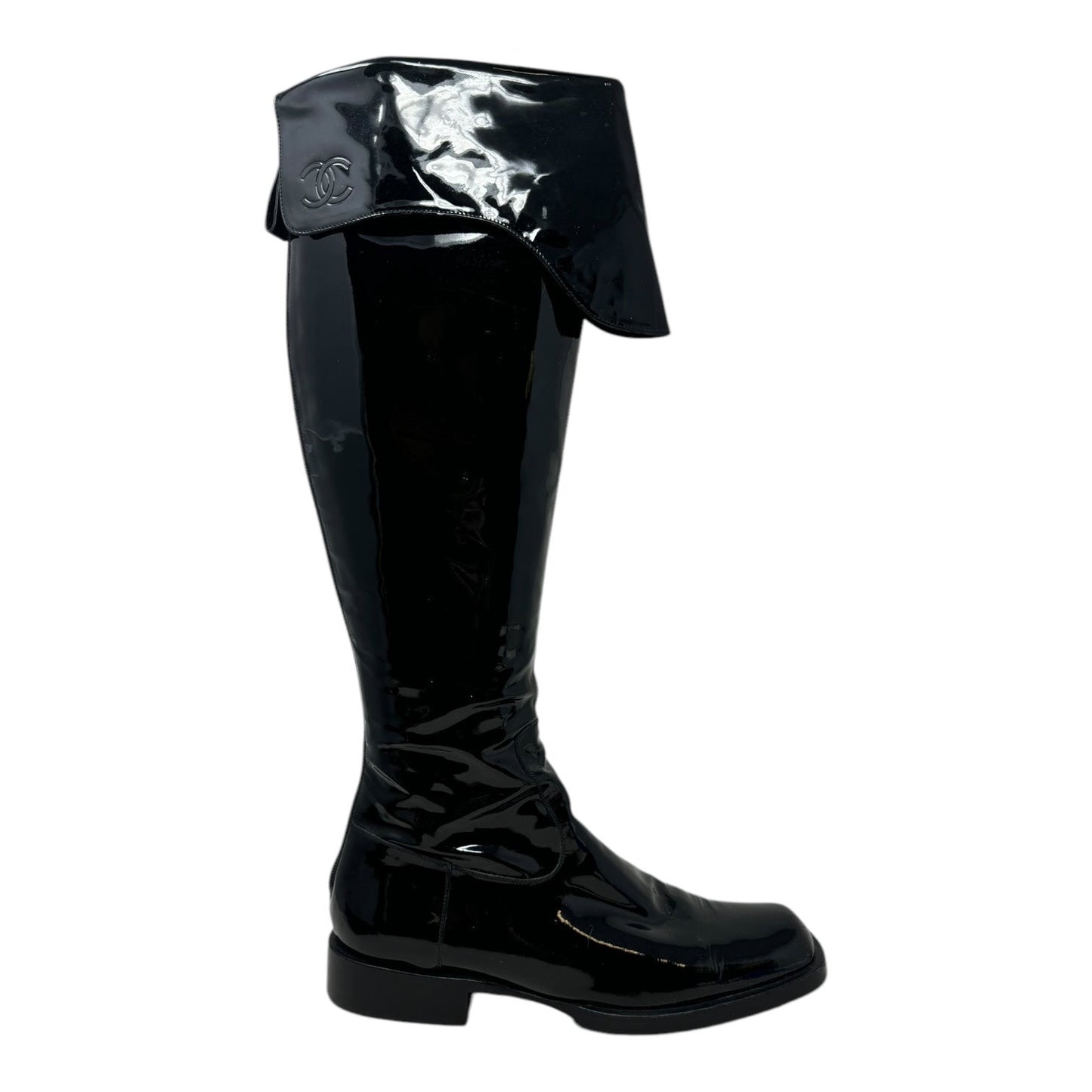 Vintage 2001 F/W Collection Patent Leather Cavalier OTK Boots Luxury Designer By Chanel In Black, Size: 7/37.5