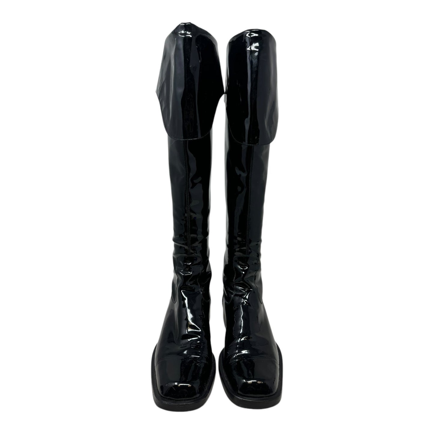 Vintage 2001 F/W Collection Patent Leather Cavalier OTK Boots Luxury Designer By Chanel In Black, Size: 7/37.5