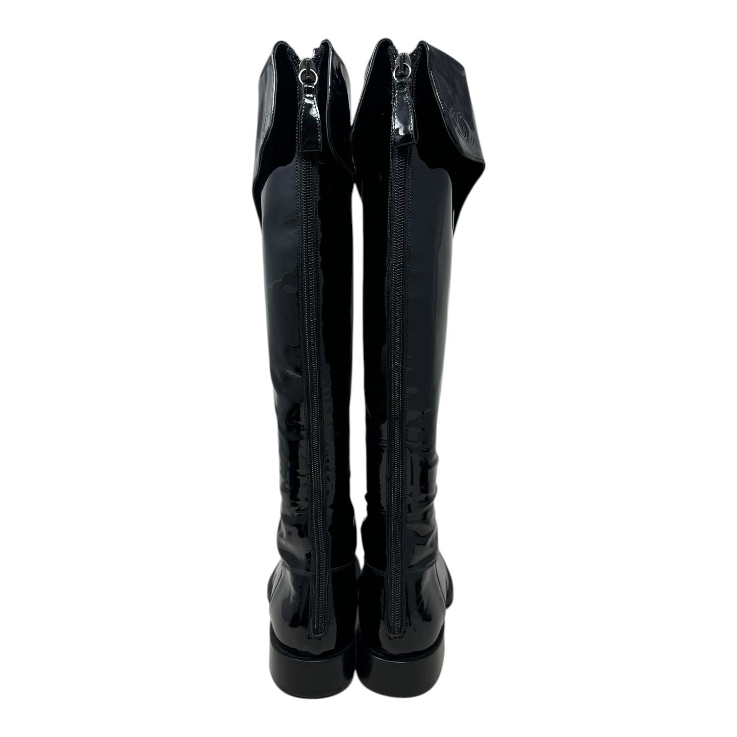 Vintage 2001 F/W Collection Patent Leather Cavalier OTK Boots Luxury Designer By Chanel In Black, Size: 7/37.5