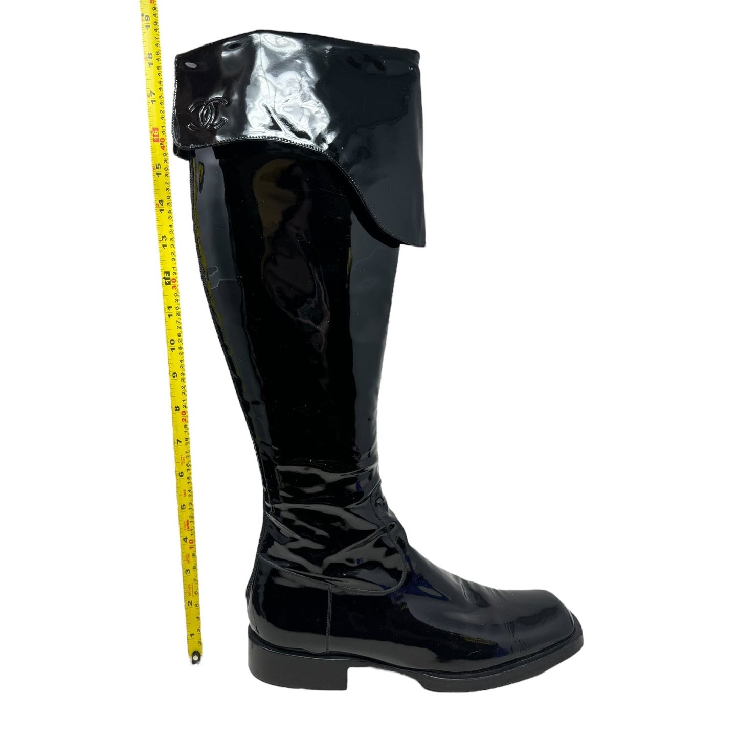 Vintage 2001 F/W Collection Patent Leather Cavalier OTK Boots Luxury Designer By Chanel In Black, Size: 7/37.5