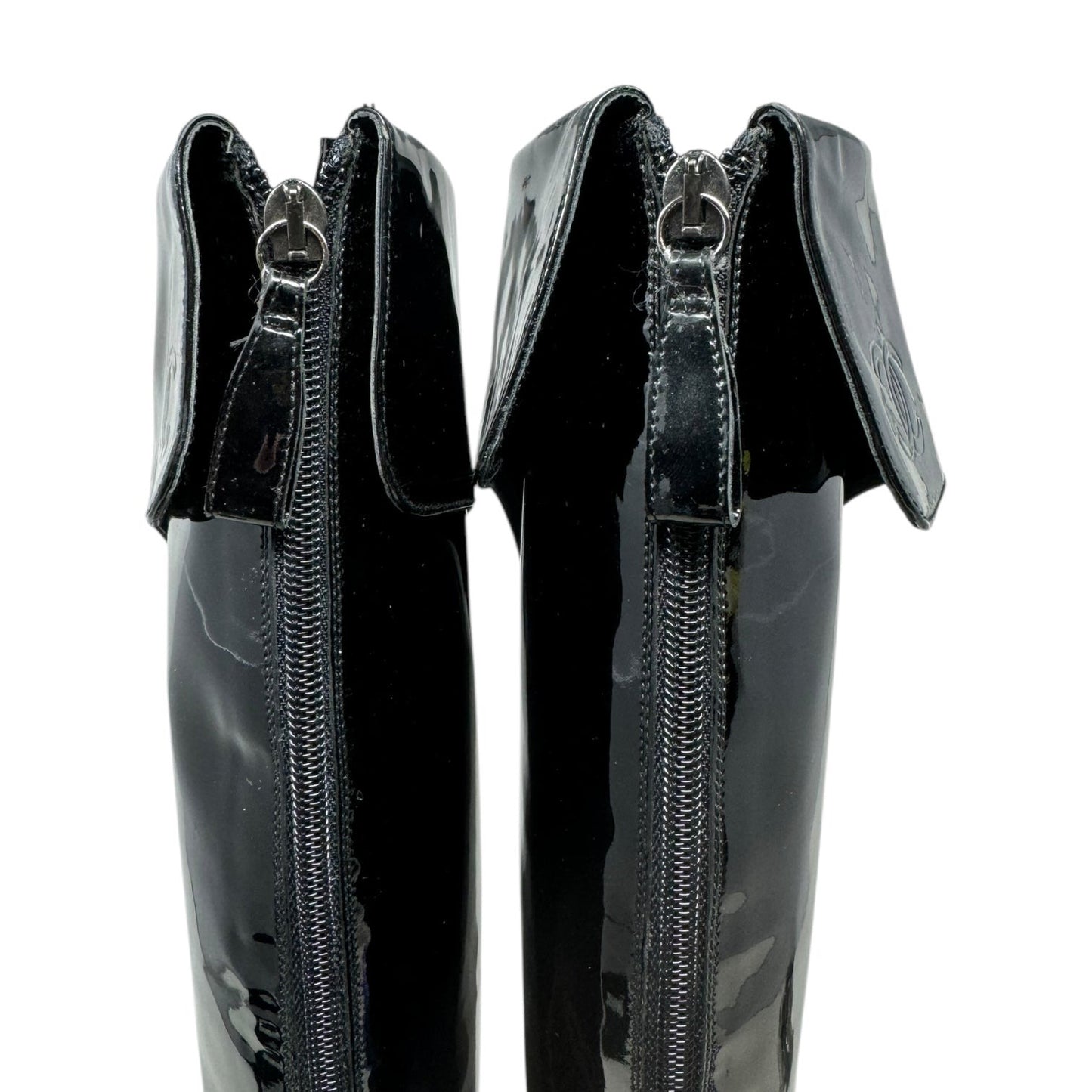 Vintage 2001 F/W Collection Patent Leather Cavalier OTK Boots Luxury Designer By Chanel In Black, Size: 7/37.5