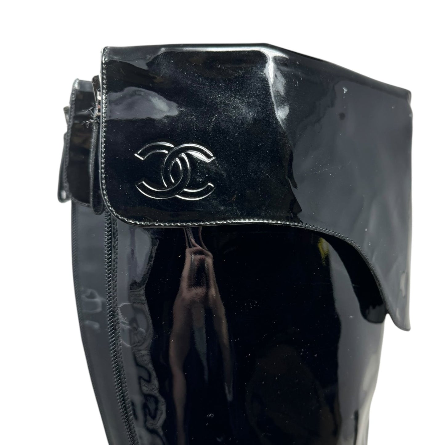 Vintage 2001 F/W Collection Patent Leather Cavalier OTK Boots Luxury Designer By Chanel In Black, Size: 7/37.5