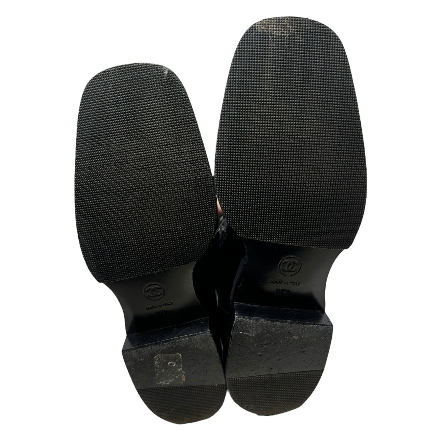 Vintage 2001 F/W Collection Patent Leather Cavalier OTK Boots Luxury Designer By Chanel In Black, Size: 7/37.5