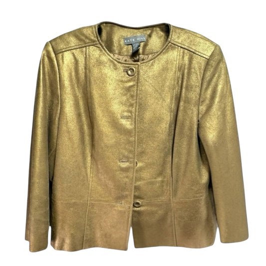 Gold Collarless Leather Peplum Jacket Kate Hill, Size 8