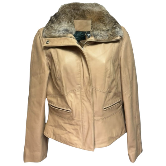 Insulated Leather Jacket with Fur Collar By Siena Studio In Tan, Size: S