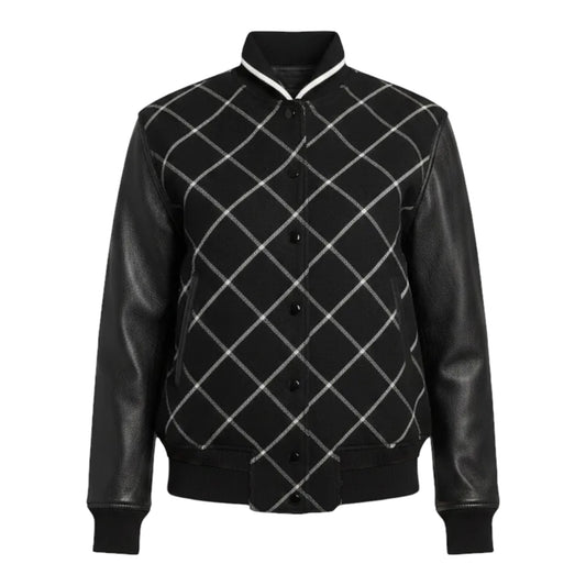 Edith' Windowpane Check Leather Sleeve Bomber Jacket By Rag And Bone In Black & White, Size: 0