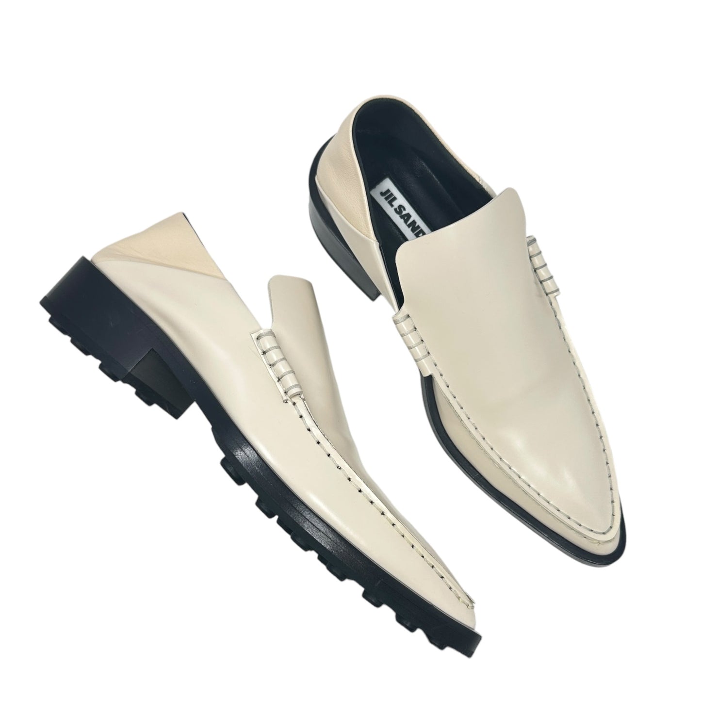 Moccasino Pointed Toe Leather Loafers Luxury Designer By Jil Sander In Bone, Size: 6