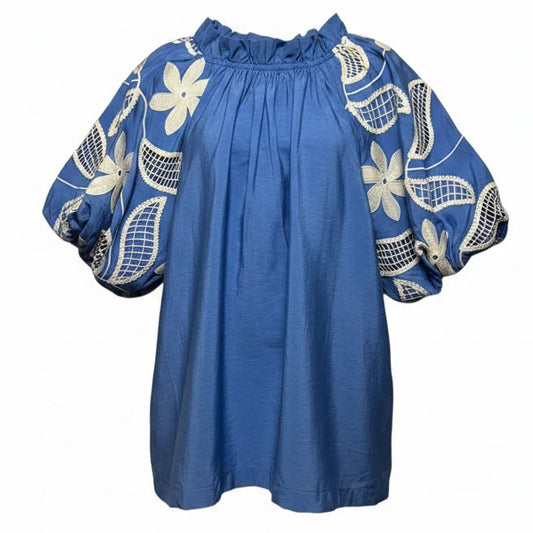 Storie Embroidered Top By Glam In Blue & Cream, Size: L