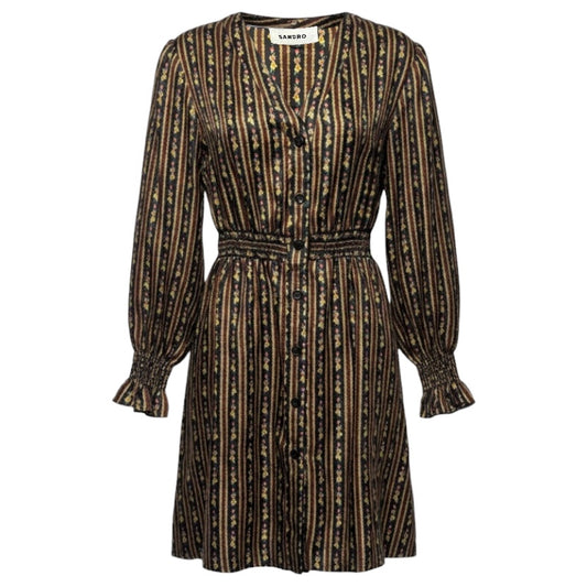 Karma Silk Mini Shirt Dress Designer By Sandro In Aubergine Multi-colored, Size: 6/42