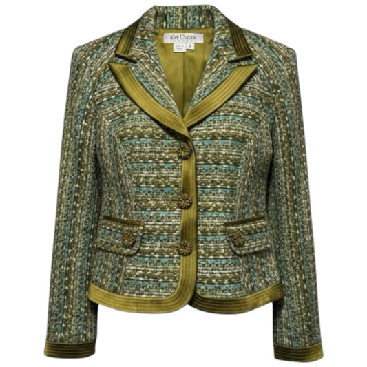 Contrast Trim Tweed Blazer By Kay Unger In Blue & Green, Size: 6