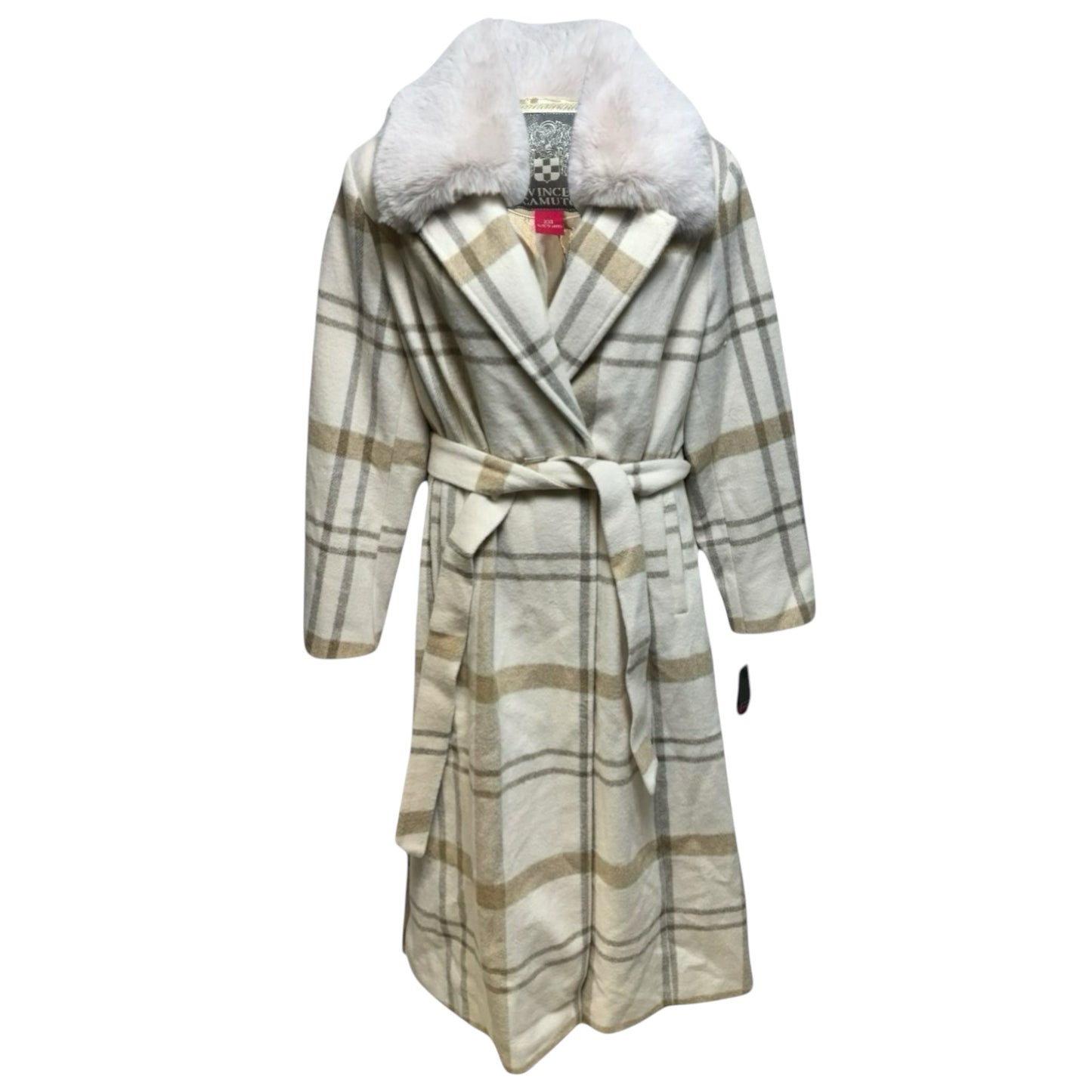 Faux Fur Collar Belted Wool Blend Maxi Coat By Vince Camuto In Plaid Pattern, Size: XXL