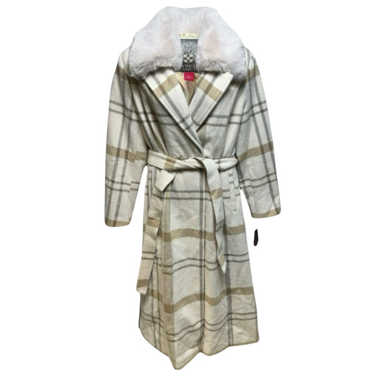 Faux Fur Collar Belted Wool Blend Maxi Coat By Vince Camuto In Plaid Pattern, Size: XXL