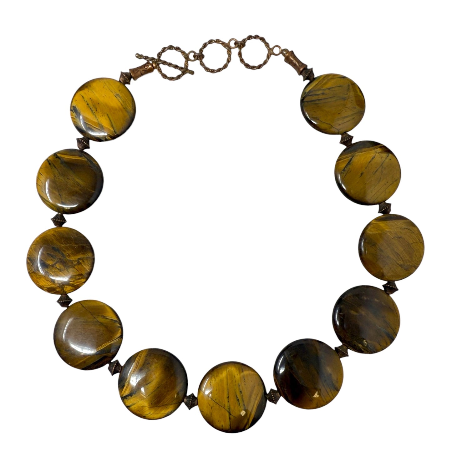Vintage Flat Disc Tigers Eye Coin & Copper Tone Beaded Collar Necklace With Toggle Clasp