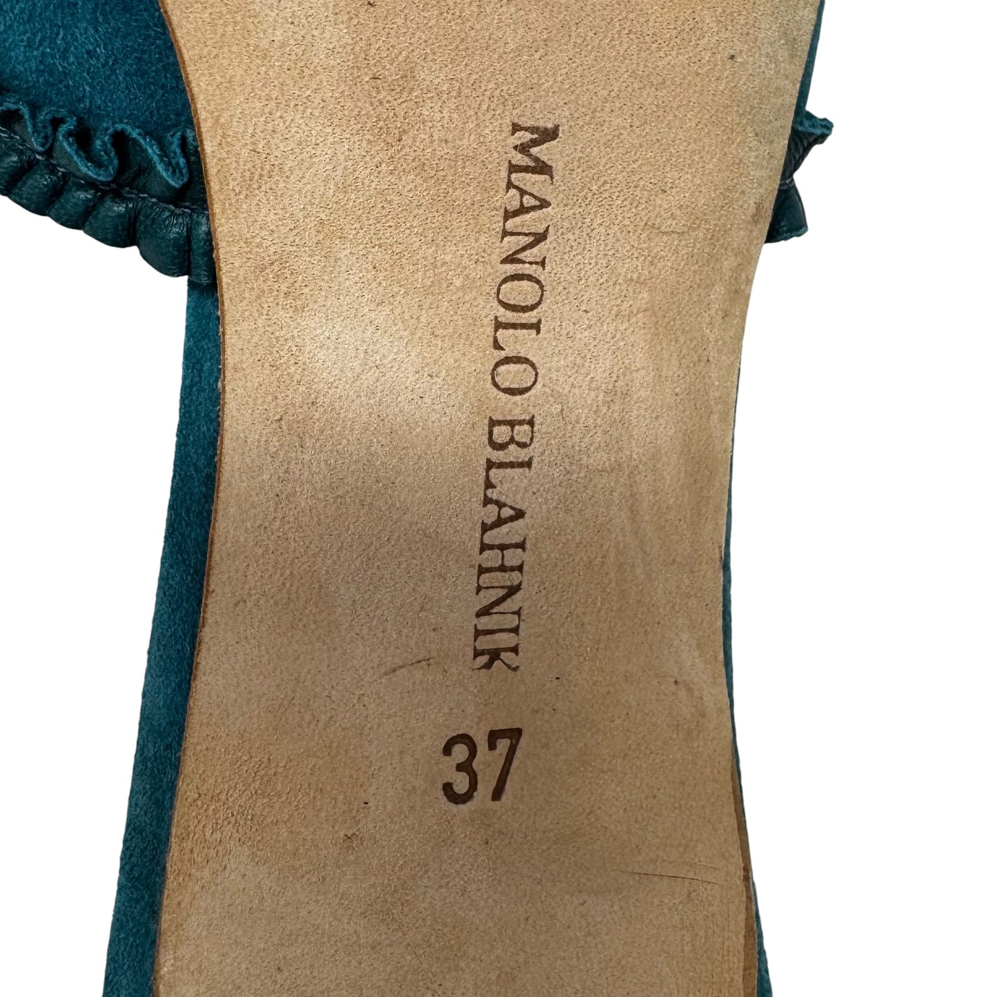 Lasercut Suede Kitten Heel Mules Luxury Designer By Manolo Blahnik In Teal, Size: 37