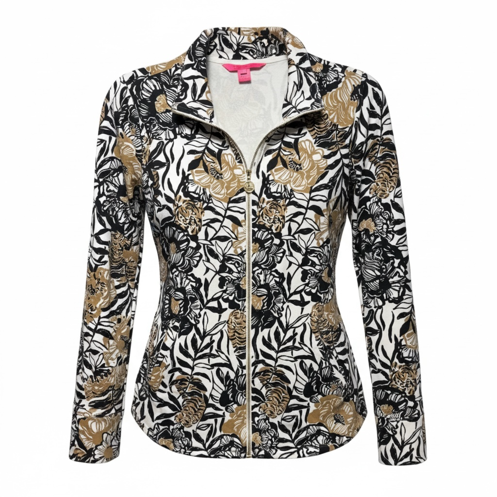 UPF 50+ Leona Zip-Up Jacket Designer By Lilly Pulitzer In Onyx Peony Party Print, Size: S