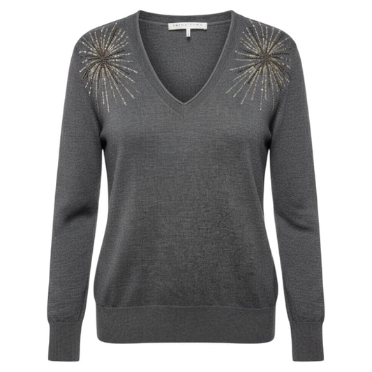 Evangeline Embellished Merino Wool Sweater By Trina Turk In Grey, Size: L