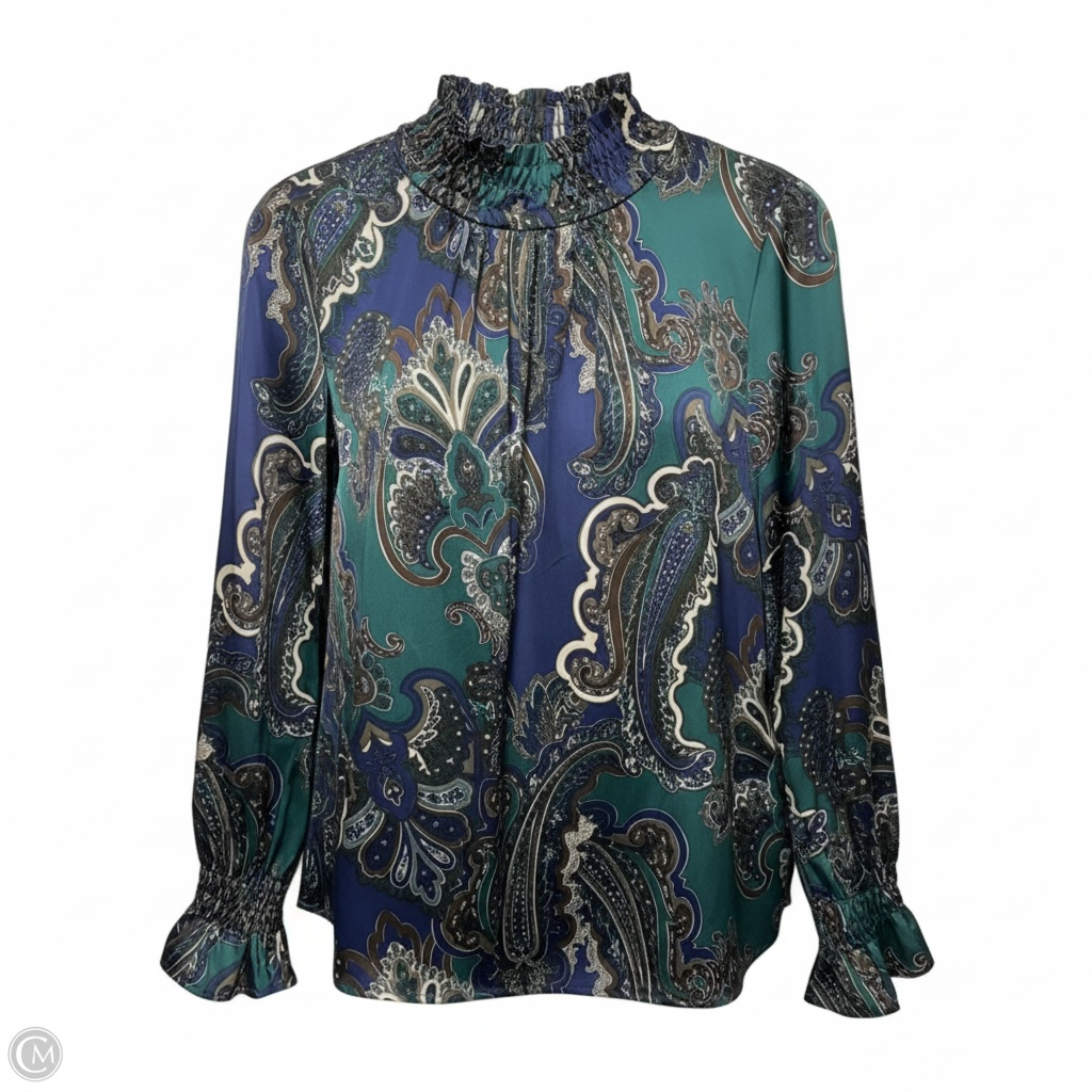 Smocked Trim Crêpe De Chine Charmeuse Blouse By Ming Wang In Forest Veridian/Regatta Paisley Print, Size: S