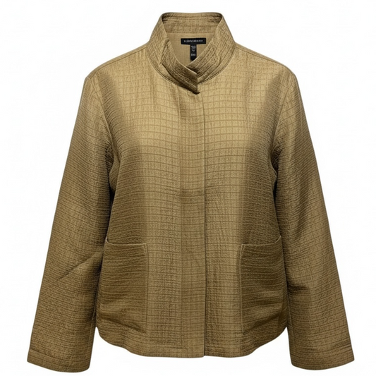 Stand Collar Silk Linen Blend Jacket By Eileen Fisher In Tan, Size: L
