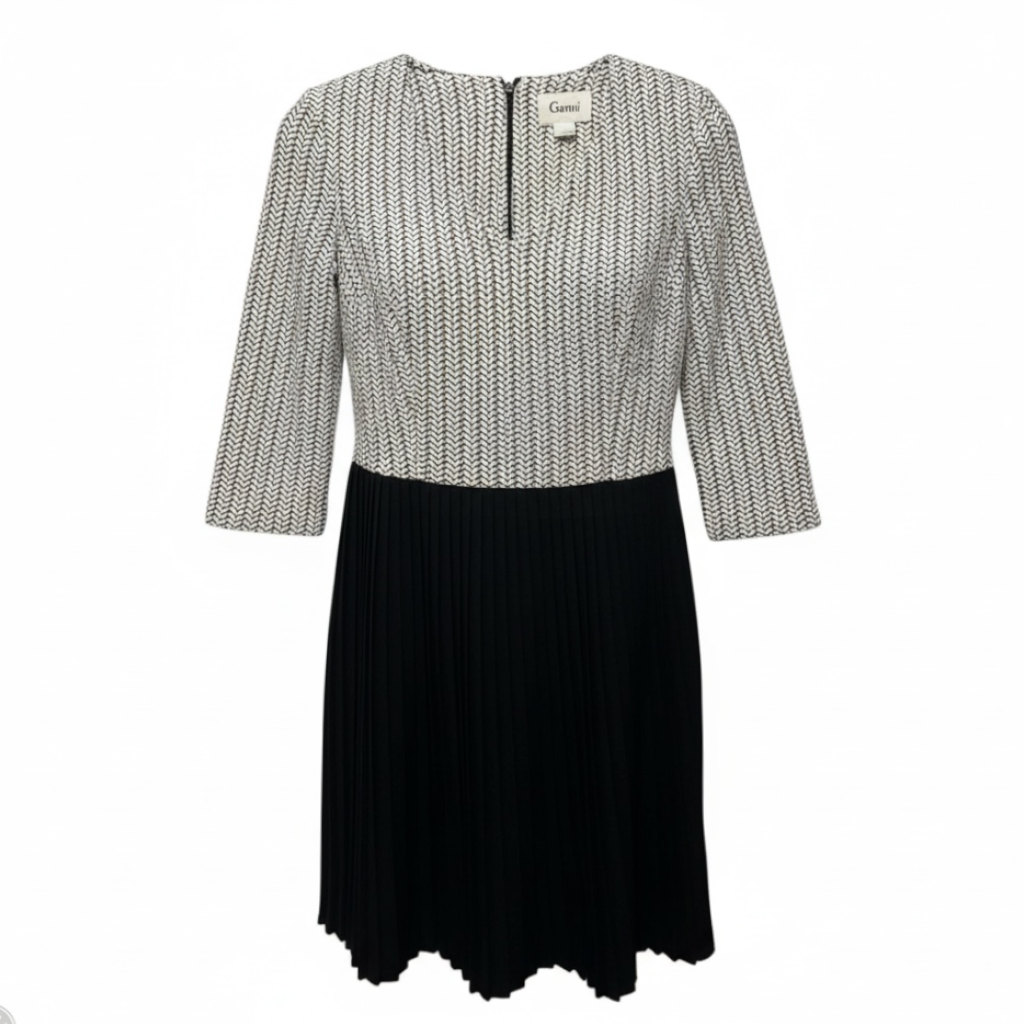Chevron Jacquard Cross Knit Pleated Midi Dress By Ganni X Anthropologie In Black & White, Size: S