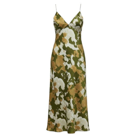 Sleeveless V-Neck Slip Midi Dress By Anthropologie In Green & Tan, Size: M