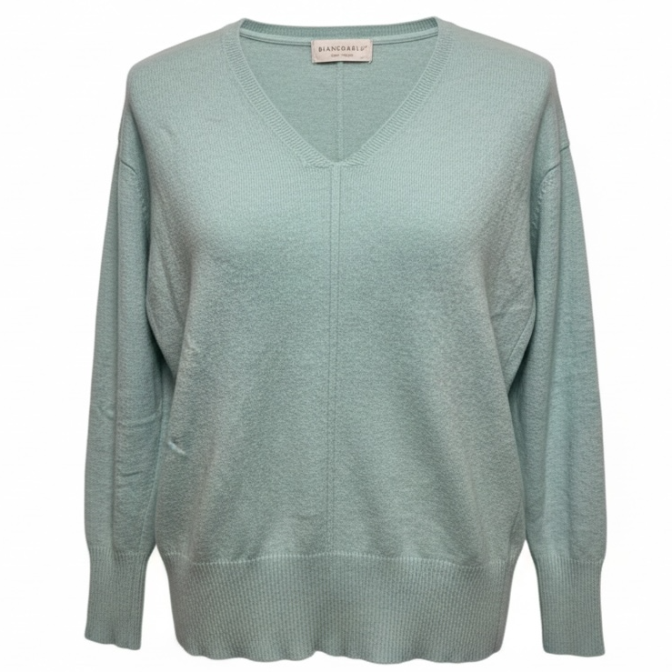 Wool Cashmere Blend V Neck Sweater By Bianco & Blu In Blue, Size: S