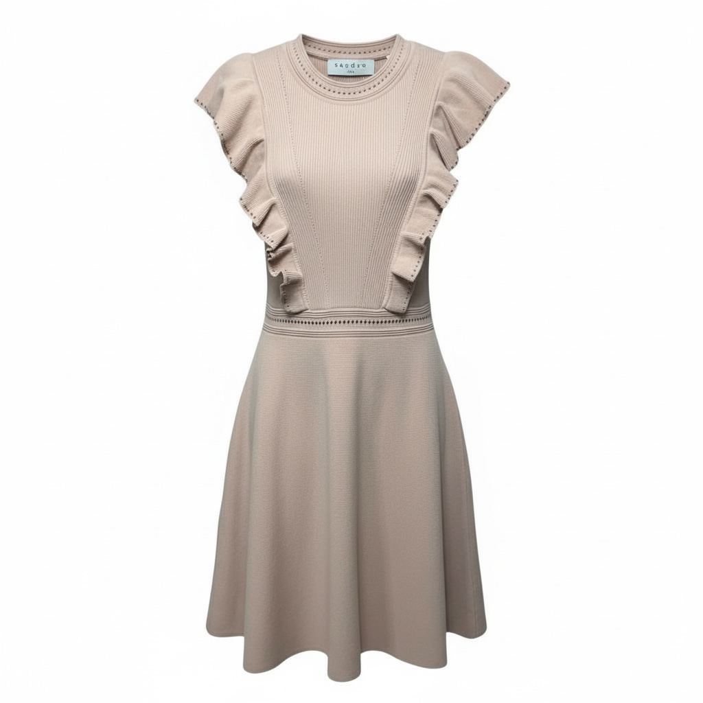 Tilla Ruffle-Trimmed Embellished Ribbed-Knit Mini Dress Designer By Sandro In Blush, Size: 6