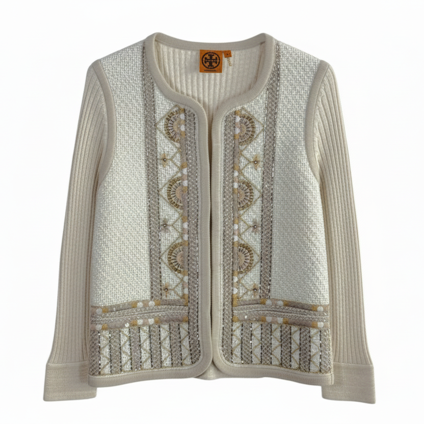 Beaded Embroidered Cardigan Sweater Designer By Tory Burch In Cream, Size: L