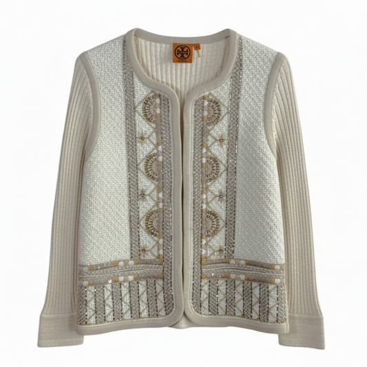 Beaded Embroidered Cardigan Sweater Designer By Tory Burch In Cream, Size: L