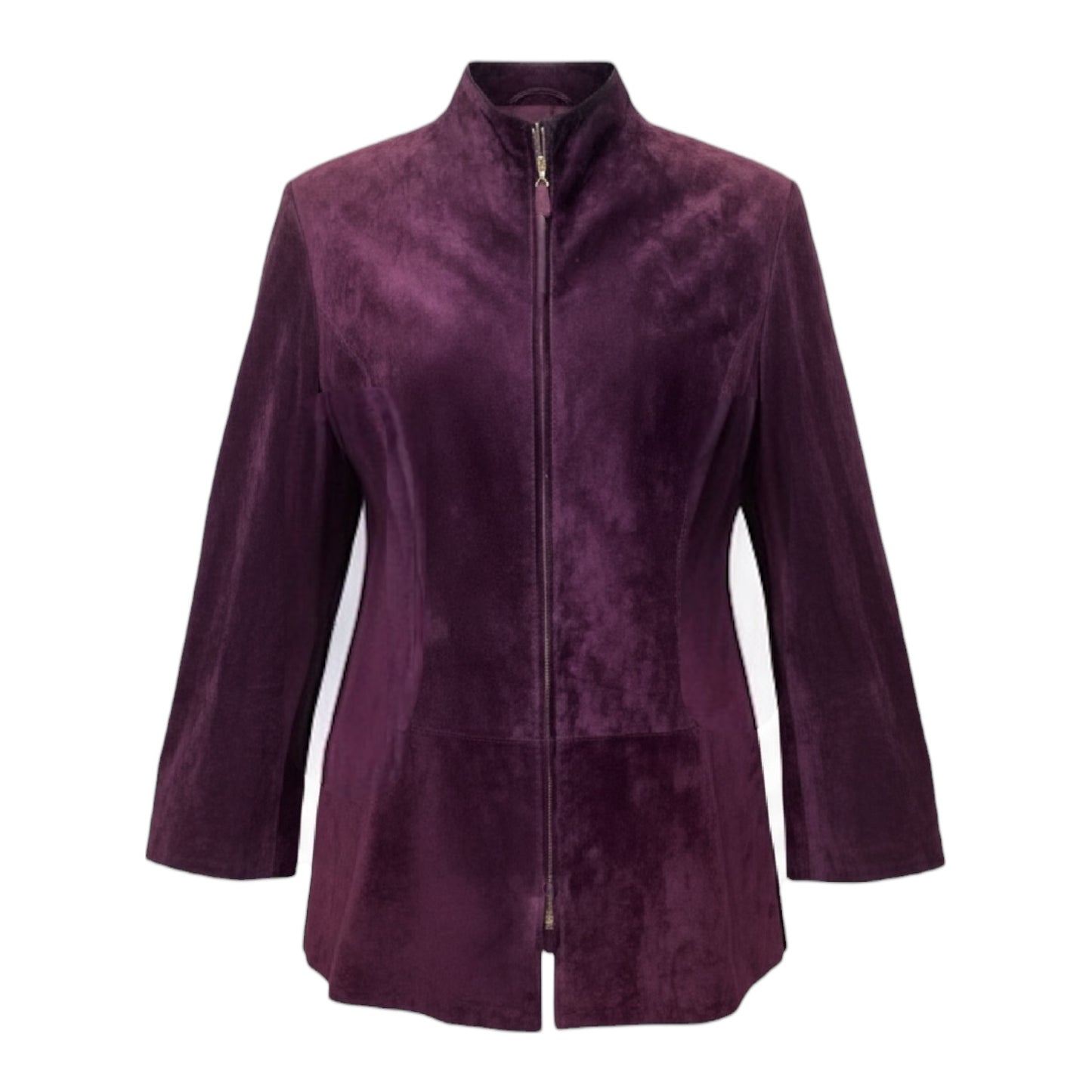 AS IS Calf Suede Zip Front Coat Designer By Escada In Purple, Size: L