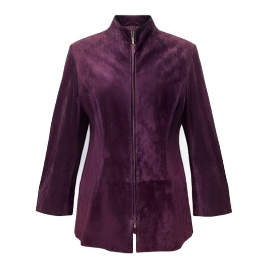 AS IS Calf Suede Zip Front Coat Designer By Escada In Purple, Size: L