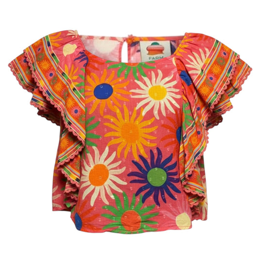 Summer Sun Flutter-Sleeve Cropped Blouse By Farm Rio In Tropical Print, Size: XS