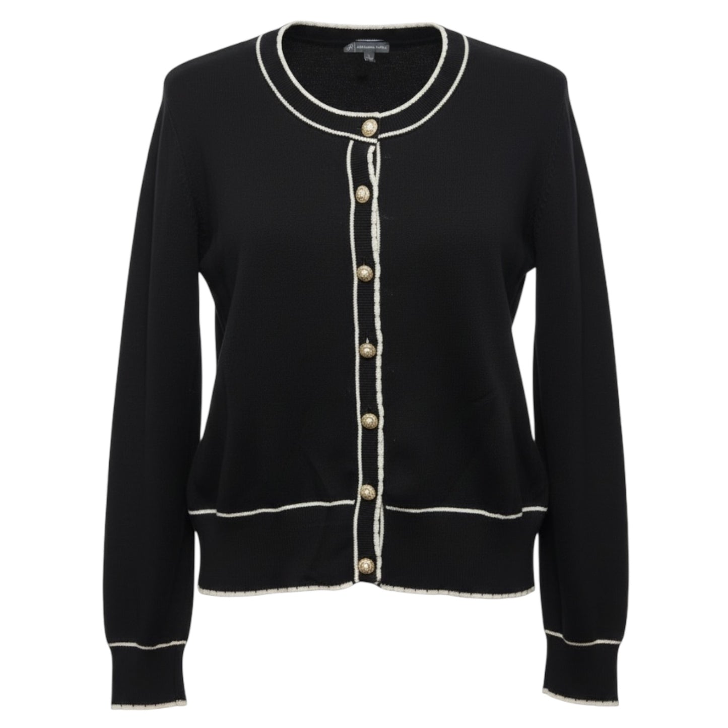 Crew Neck Cardigan Sweater With Stitch Detail By Adrianna Papell In Black & Cream, Size: L