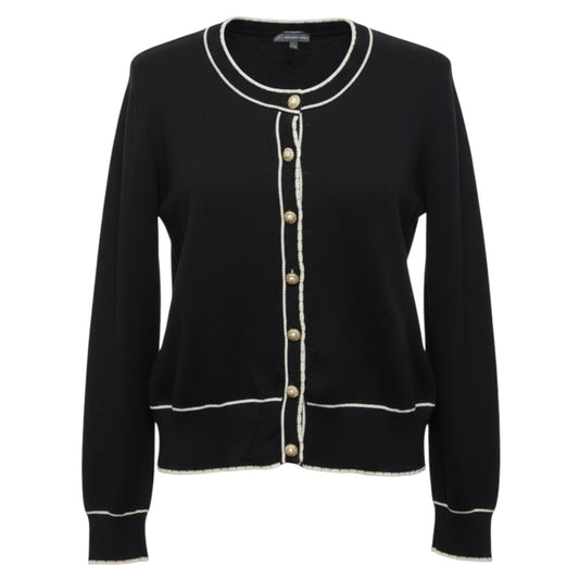 Crew Neck Cardigan Sweater With Stitch Detail By Adrianna Papell In Black & Cream, Size: L