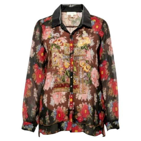 Night Shimmers Embroidered Velvet Collar Long Sleeve Tunic By Aratta Silent Journey In Floral Print, Size: L
